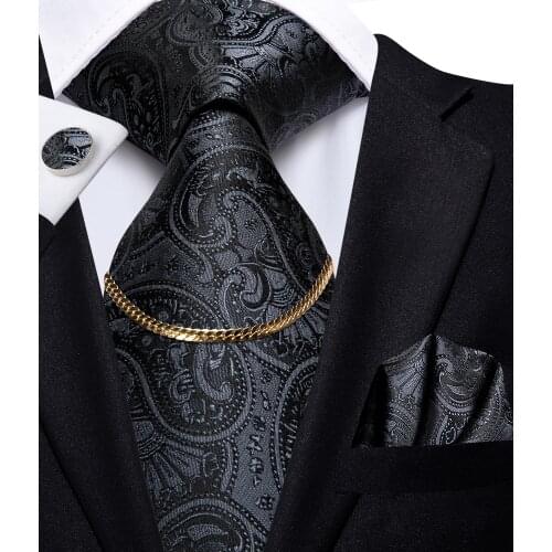 Hi-Tie Black Classic Paisley New Design Luxury Silk Mens Tie Gift For Men Nicktie Fashion Tie Chain Hanky Cufflinks Set Wedding