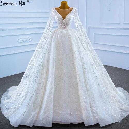 Serene Hill Muslim White Luxury Wedding Dresses 2021 Cape Sleeves Beading Pearls Glitter Lace Up Bridal Dress HM67228