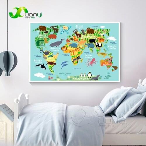 Nordic Children Kawaii Cartoon Animals World Map Canvas Print Painting Poster Wall Pictures For Kids Room Home Decor No Frame