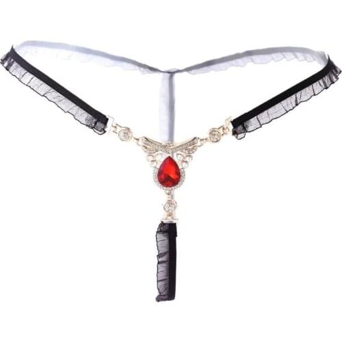 Black Mesh Ruffles With Ruby & Diamonds Sexy T back Thong Women Erotic G string Underwear Hot Lingerie Panties Adult Night Wear