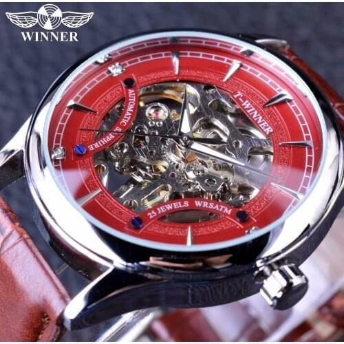 Winner Red Racing Fashion Stylish Red Skeleton Sport Design Classic Transparent Men Watches Top Brand Luxury Mechanical Watch