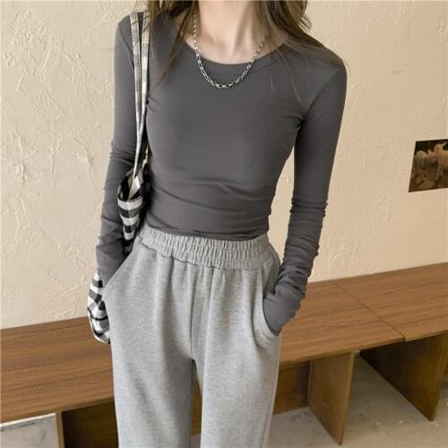 Spring Autumn Women Stretch Crop T-Shirts Casual O Neck Long Sleeve Solid Color Korean Ladies Basic Sexy Tops Tees for Female