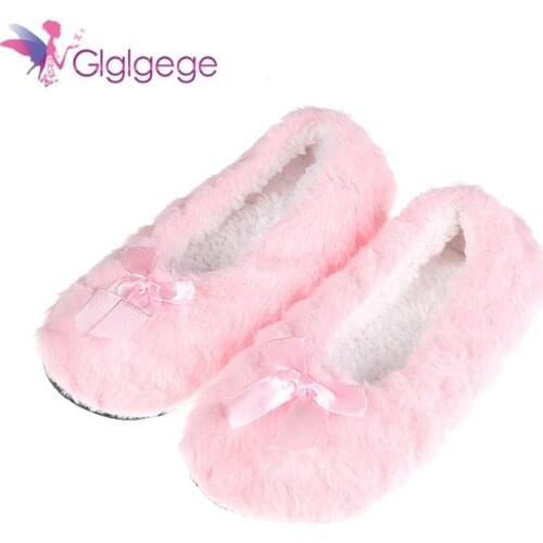 Glglgege New Womens Shallow Warm Shoes Thick Plush Warm Indoor Shoes Non - slip Soft Bottom Indoor Cute Bow Home Floor Shoes