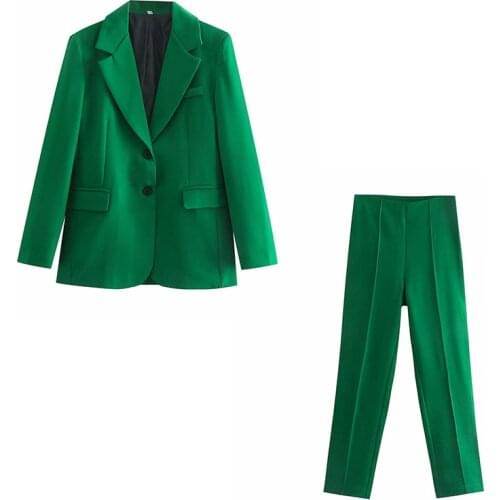 Nlzgmsj Za Women 2021 Womens Suit Set Green Pocket Decorate Blazer Suit Elegant Office Lady 2 Piece Set Blazer And Pants 202107
