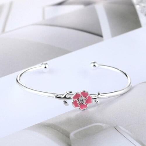 Fashion 925 Sterling Silver Epoxy Temperament Pink Cherry Blossom Flower Open Bracelets for Women Ladies Accessories Gifts SB098