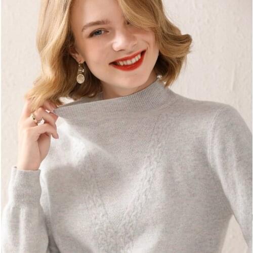 Womens pullover 2021 winter new 100% wool casual half high collar cashmere sweater plus size solid color ladies knitted top