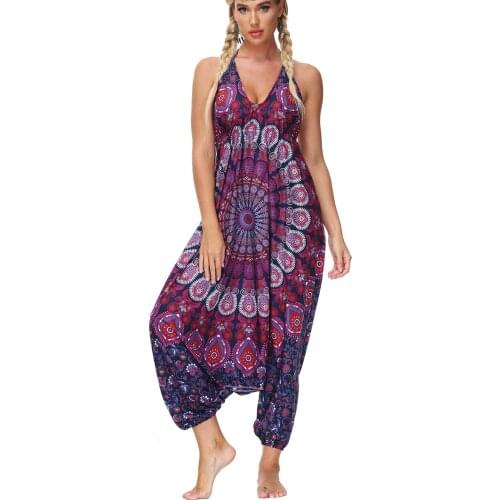 Womens V Neck with Spaghetti Strap Loose Boho Harem One Piece Jumpsuit Romper Print Beach Handkerchief Jumpsuits