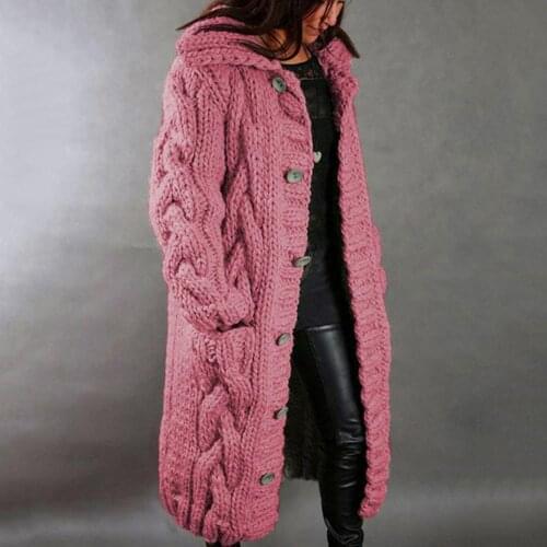 Dropshipping Women Winter Long Sleeve Twist Knitted Cardigan Pocket Buttons Warm Hooded Coat