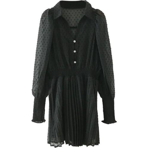 New Pop Women Dress Mesh Lapel Collar Long Elastic Cuffed Sleeves Pleated Short Dress Elegant casual vestidos femme robe