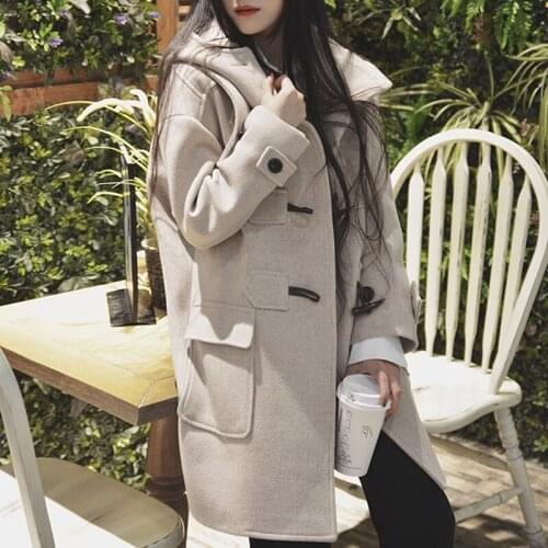 Woollen Womens New Winter 2021 Hooded Thickened Croissant Woolen Coat Medium Length