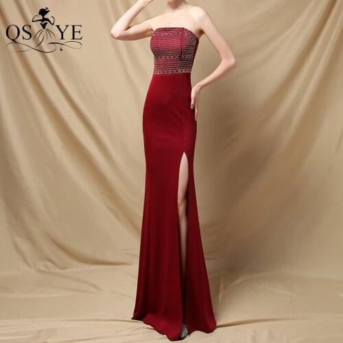Strapless Burgundy Evening Dress Stretch Split Prom Gown Hot Drill Party Dress Bead Sequin Party Gown Off Shoulder Women Dress