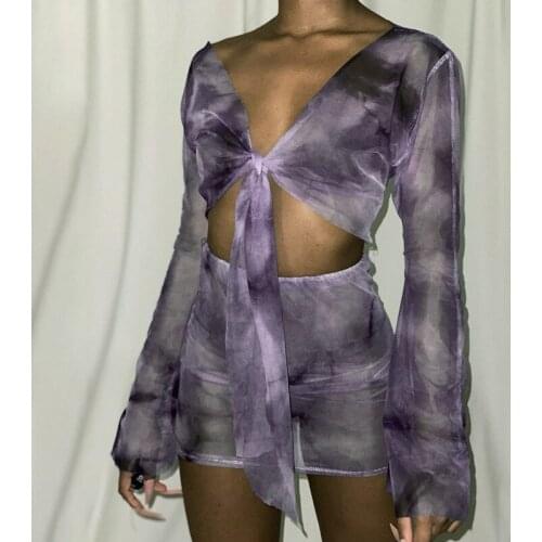 BKLD 2020 New Autumn Tie Dye Print Sexy Women Sheer Mesh Two Piece Sets Tie Front Long Sleeve Crop Top And High Waist Mini Skirt