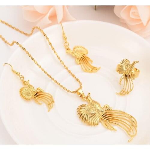 Long Tailed Bird Pendant Necklaces Earrings figaro chain Jewelry sets for Womens PNG Style Ethnic Gifts wedding bridal gift