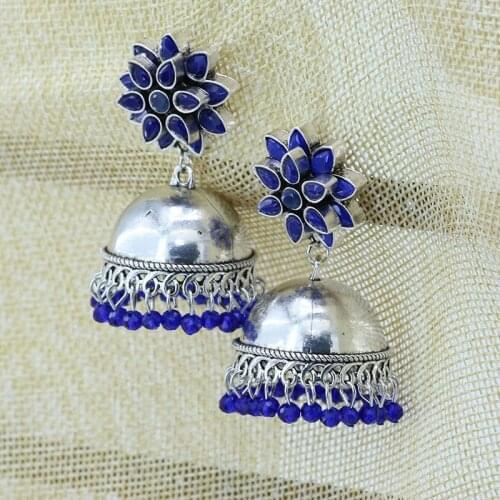Ins Indian Jhumki Jhumka Handmade Blue Beads Flower Piercing Earrings Vintage Women Party Jewelry