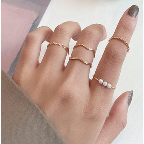 5 Pcs Fashion Rings Set for Women Jewelry Gold Round Pearl Simplicity Minimalist Style Personality Geometric Ring Wedding Party