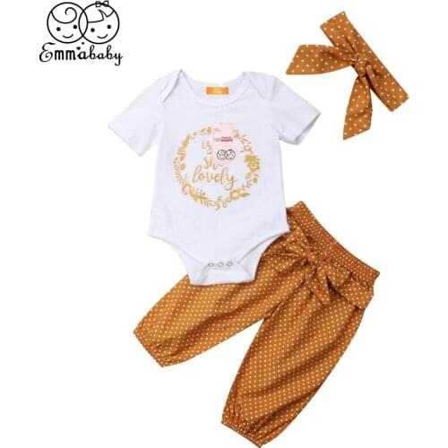 Baby Girls Clothes Set Newborn Summer Kids Outfit Infant Bodysuit+Knot Dot Pants+Headband Toddler Girls Set 3pcs 0-18M