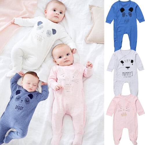 Hot Newborn Baby Boy Girl Clothes Cartoon Animal Daddy Mummy Print Romper Sleep Suit Fit Feet Outfit Set