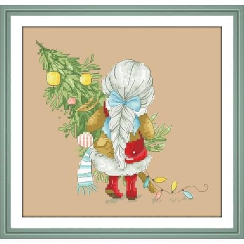 Dreampattern Girl hugging christmas tree cross stitch kit X-mas pattern design 18ct 14ct 11ct linen flaxen canvas embroidery