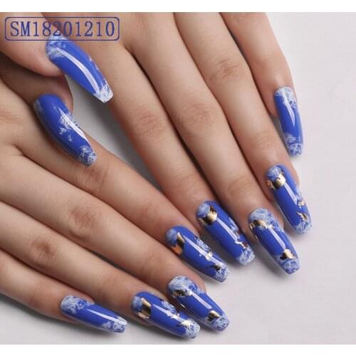 Fake Nails Long Blue Sky and White Clouds Wear Nail Stickers Finished Nails 24 With Glue NE