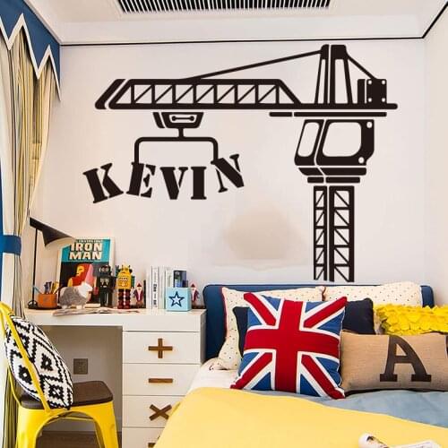 Custom Name Construction Crane Truck Wall Sticker Boy Room Kids Room Personalized Construction Car Auto Mechine Wall Decal
