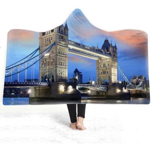 City 3D Print Buildings Plush Hooded Blanket for Adults Kid Warm Wearable Fleece Throw Blankets Travel Sherpa Blanket