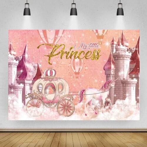 Pink Little Princess Fairy Tale Castles Baby Shower Backdrop Pumpkin Carriage Girl Birthday Party Cake Table Banner Background