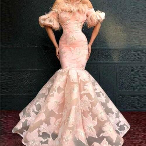 Blush Pink Mermaid Prom Dresses Cheap Half Sleeves Flowers Applique Party Gowns vestidos Dubai African Mermaid Evening Dress