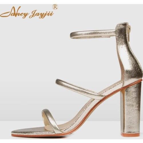 Women Sandals Ladies Ankle-Wrap Party Female Shoes Zipper Silvery Solid Super High Square Heels Nancyjayjii Mature Fashion 2019