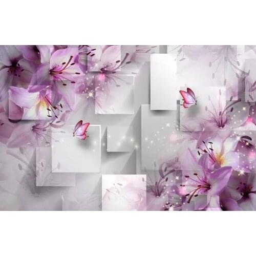 Modern wallpaper walls Purple lily transparent flower three-dimensional square fashion background wall