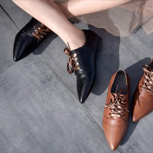 Artmu Fashion Women Shoes Pointed Toe Genuine Leather Shoes Vintage Cowhide Shoes Casual Lace Up Woman Flats sapato feminino