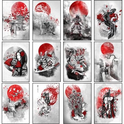 Japanese Zen ink painting art posters and canvas paintings, samurai kanji wall art prints decorating the family living room