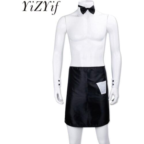 YiZYiF Sexy Men Costume waitor Gay sexy cosplay Outfits Apron Underwear with Collar Cuffs Bow Tie cosplay Lingerie Set