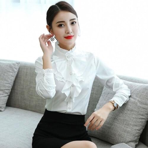 Women Spring Summer Chiffon Blouses Shirts Lady Casual Long Sleeve High Neck Ruffles Decor Blusas Tops Party Lolita Office