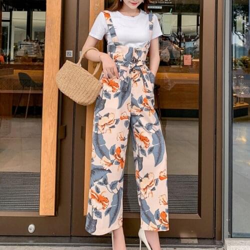 Women Chiffon Spaghetti Strap Bodysuits 2021 New Spring Summer Wide Leg Pants Female Floral Printed Lace Up Oversize Jumpsuits