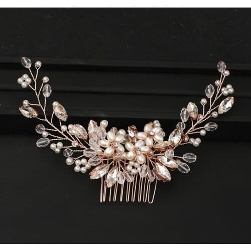 Hot Sale Rose gold Wedding Bridal Hair Jewelry For Party Women Handmade Tiara Headpiece Pearls Crystal Hair Combs Hairbands