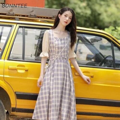 Plaid Dress Women A-line Retro Elegant Design Summer Maxi College Leisure Harajuku Basic Half Sleeve Popular Soft Vestidos Ins