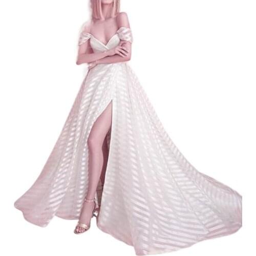 Sexy Deep V Neck Short Sleeve Boho Beach Dress Women High Split Holiday Maxi Dress Chiffon Striped Party Backless Dress