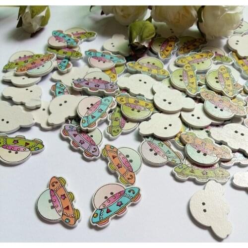 50pcs Wooden Buttons 2-Hole spaceship buttons Decorative Crafts And Scrapbooking Randomly Mixed for Craft
