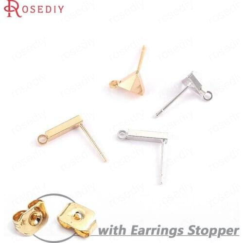 B103)10 pieces 24K Gold Color Plated Brass Square Rod or Triangle Stud Earrings High Quality Diy Jewelry Findings Accessories