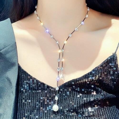 Bling Rhinestone Long Tassel Pendant Necklaces for Woman Jewelry Pearl Elegant Fashion Female Short Chain Necklace Friend Gift