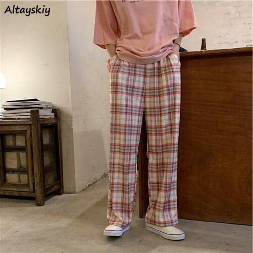 Pants Women Lovely Ulzzang Plaid Simple Sweet Green Pink Retro Wide Leg Female Trousers Streetwear Hipster Full-length Casual