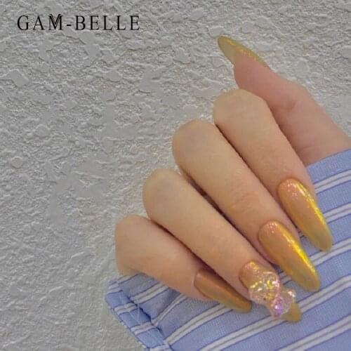 GAM-BELLE 3D Crystal Bear Decor False Nails Holographic Glitter Gold Long Ellipse Artificial Press on Nail Art DIY Manicure Tool