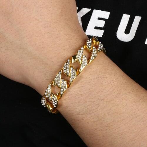 Hip Hop Cuban Chain Link Bracelet Luxury Bling Crystal Rhinestones Bangle Bracelet Punk Jewelry Gifts Accessories For Men
