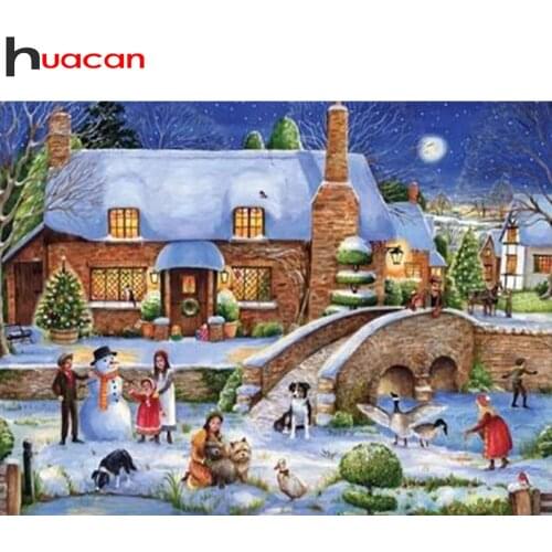 Huacan 5d Diy Diamond Painting Christmas City Decor Home Diamond Embroidery Winter House Mosaic Wall Sticker