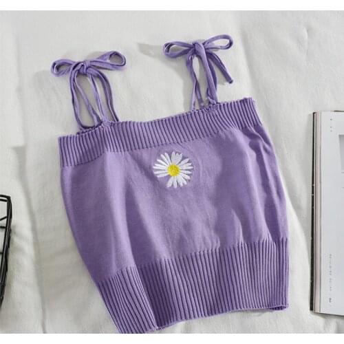 Summer Women Knitted Crop Tops Flower Embroidery Girls Straps Camisole Female Slim Short Cute Crop Tops