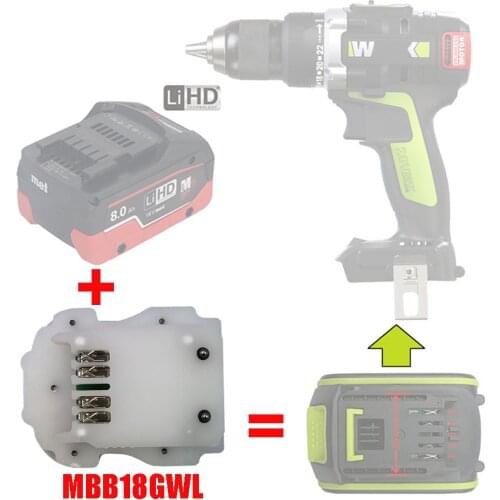MBB18GWL Adapter Converter Connector Use Metabo 18V Li-ion Battery on Worx Green Large Foot Tool Replace 5 pin Lithium Battery