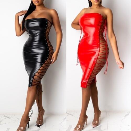 Fashion Bodycon Dress Women Summer Slim Skinny Club Party Sides Lace-Up Strapless Patent Leather Hollow Out Knee Length Dresses