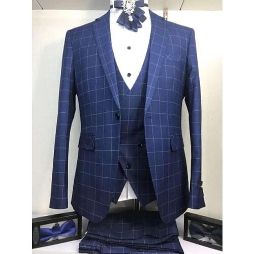 2020 Blue Lattice Suits Men 3 Pieces Slim Fit Men Suits for Wedding Prom Business Man Blazer Groom Tuxedo Jacket Pants Vest set