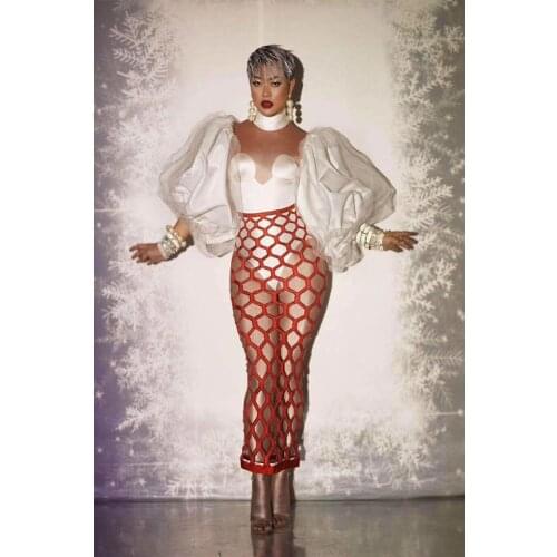 2020 New Fashion Womens Puff Sleeve Sexy Bodycon Ankle-Length Dress Performance Nightclub Singer Stage Wear Celebrate Dress