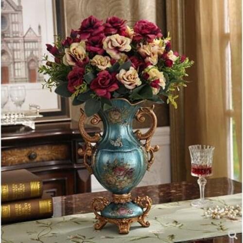 European luxury palace resin vase ornament home desktop figurines crafts ornaments wedding gift american silk retro flower pot